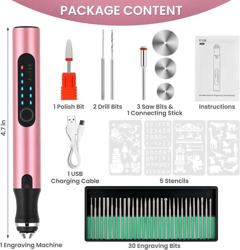 Timntts Electric Engraving Pen with 37 Bits, USB Rechargeable Cordless Etching Engraving Tool, Portable DIY Rotary Engraver for Jewelry Wood Glass Stone Carving (Rose Red) - Image 3